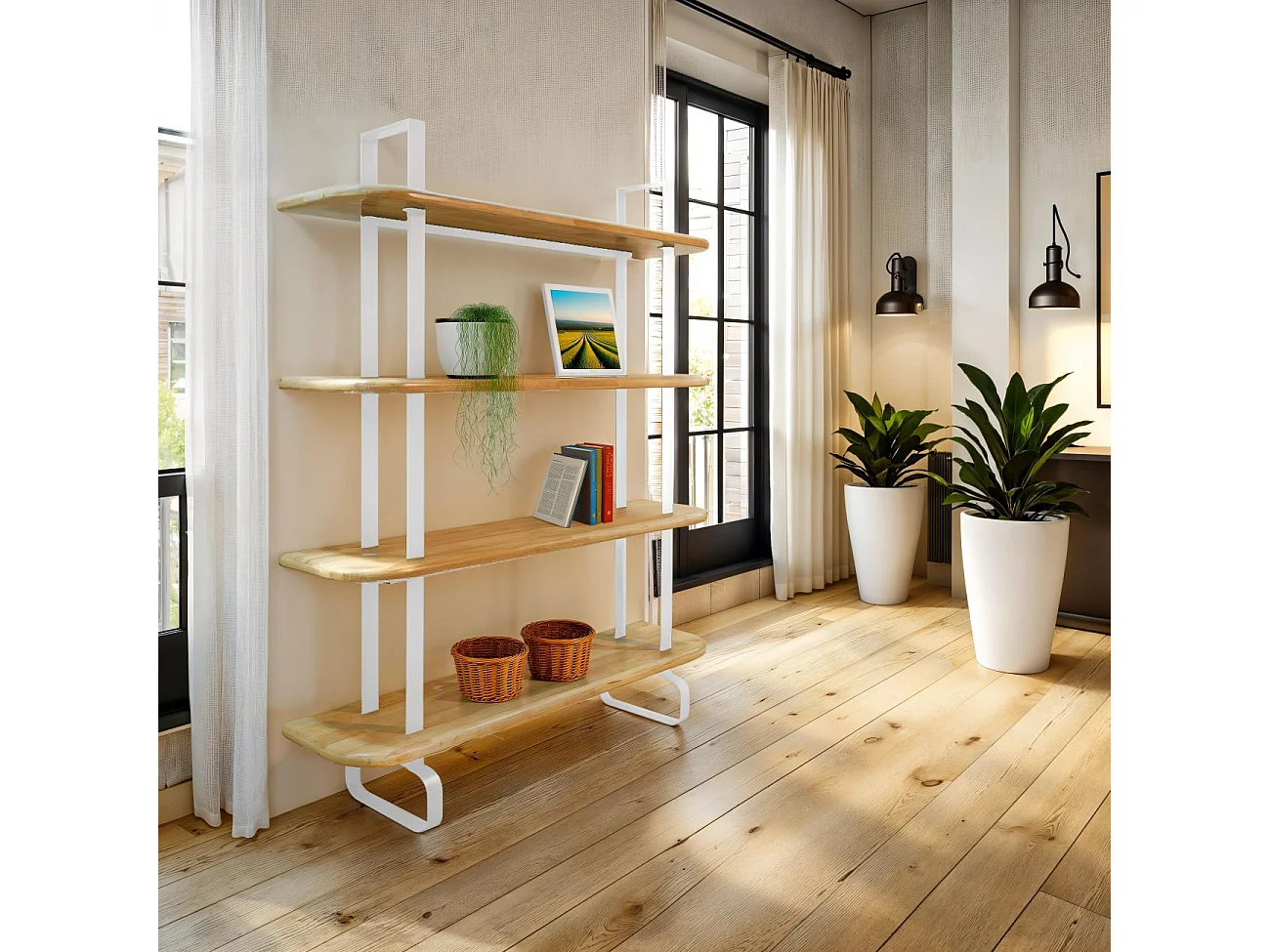 Estantería alta de 4 baldas en madera de roble y estructura en blanco 180 cm Padma Blanco - Roble