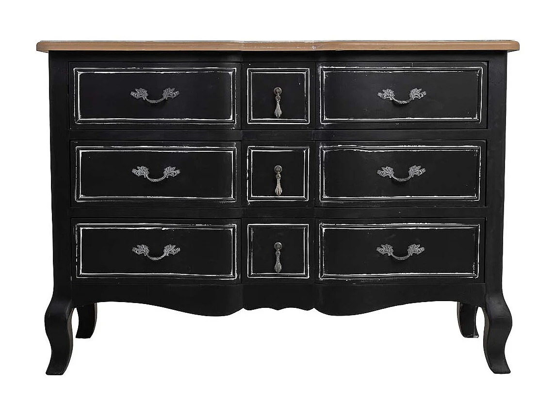 Cômoda de madeira lacada preta envelhecida com 9 gavetas 120x51x84h cm