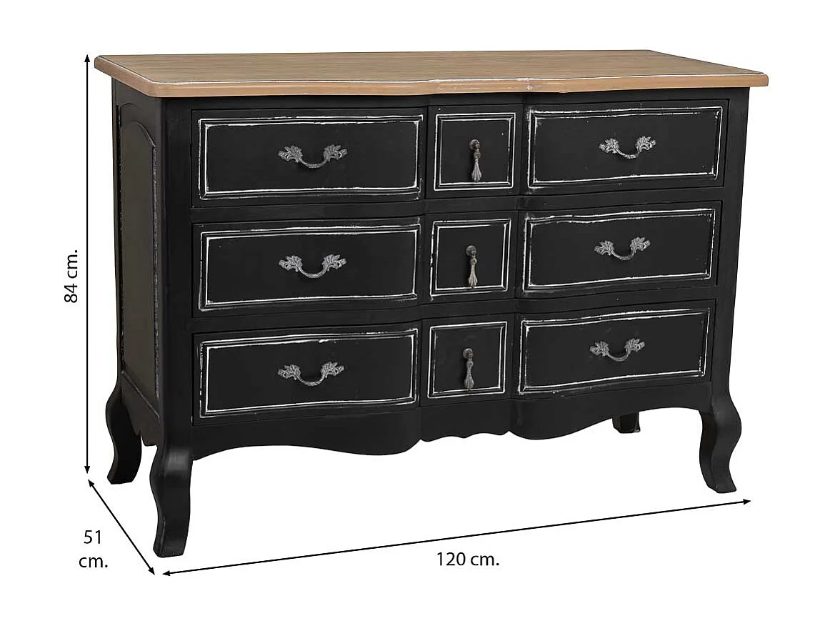 Cômoda de madeira lacada preta envelhecida com 9 gavetas 120x51x84h cm