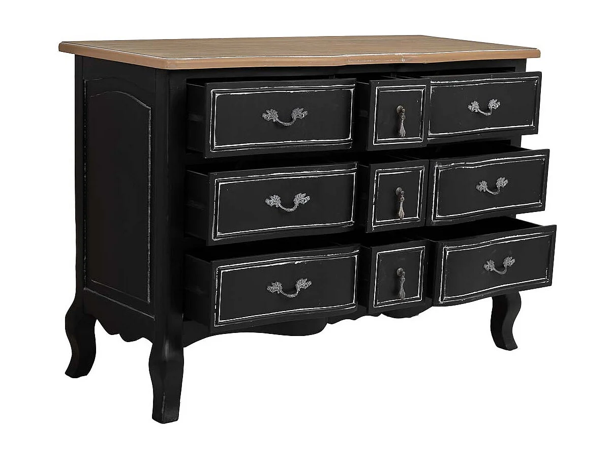 Cômoda de madeira lacada preta envelhecida com 9 gavetas 120x51x84h cm