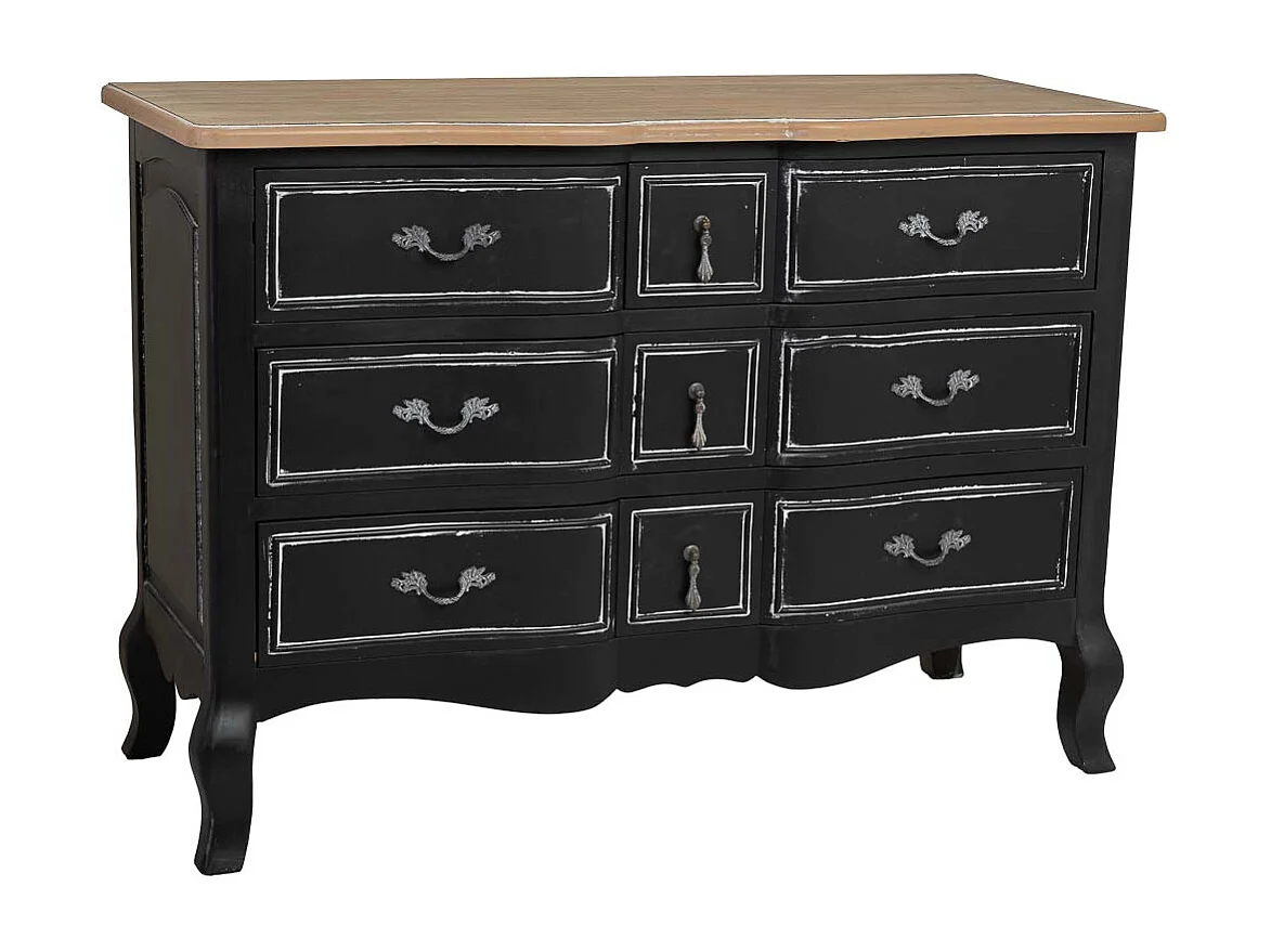 Comò in legno laccato nero invecchiato con 9 cassetti 120x51x84h cm