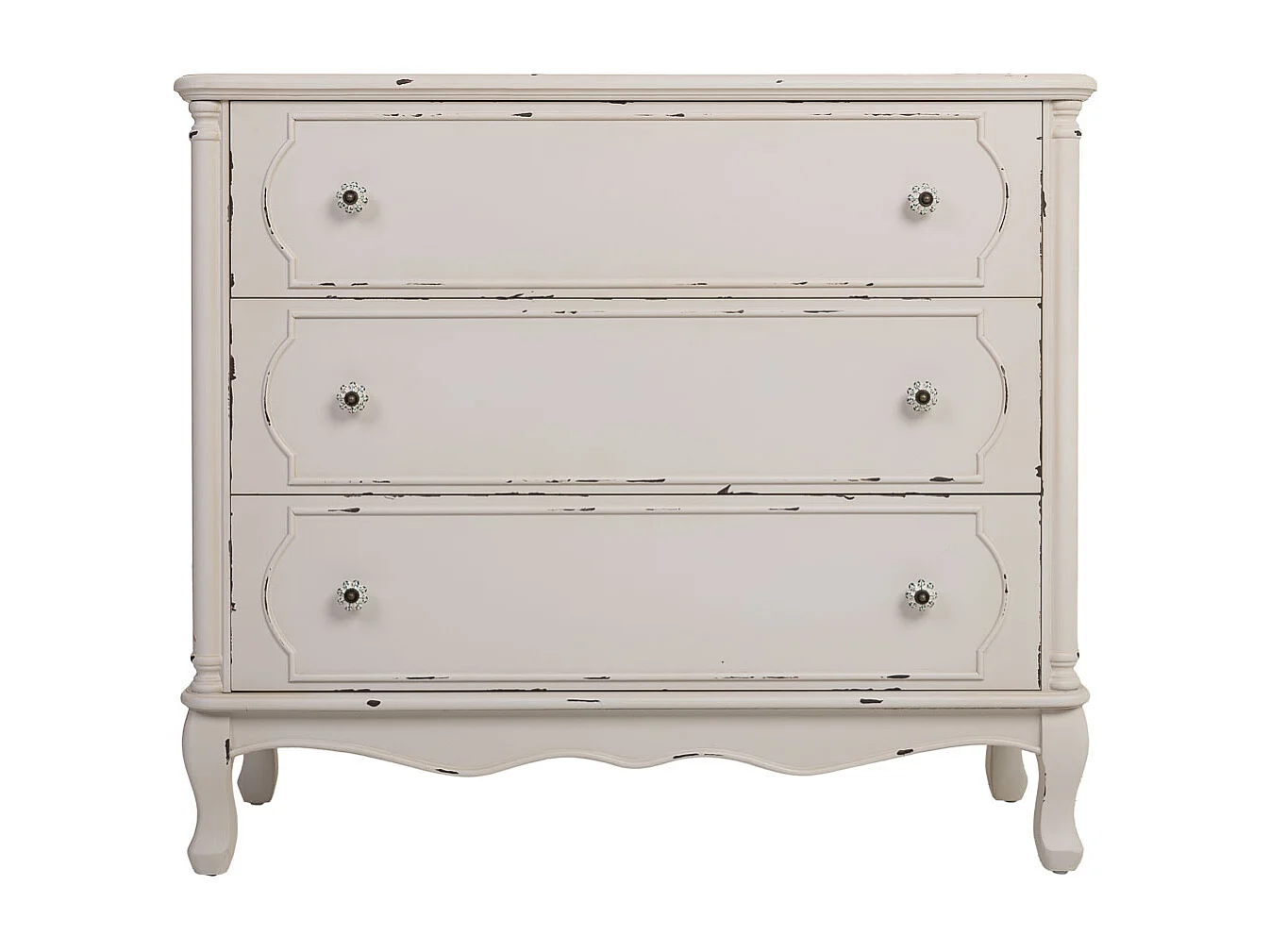 Commode en bois blanc vieilli avec 3 tiroirs 100x38x86,5h cm