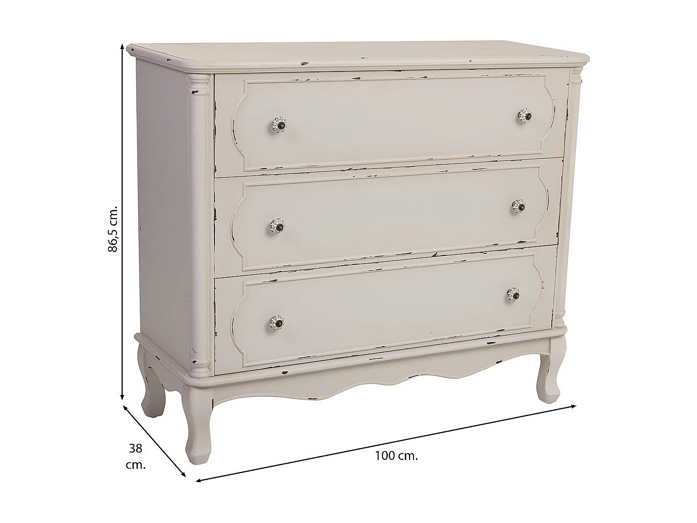 Commode en bois blanc vieilli avec 3 tiroirs 100x38x86,5h cm