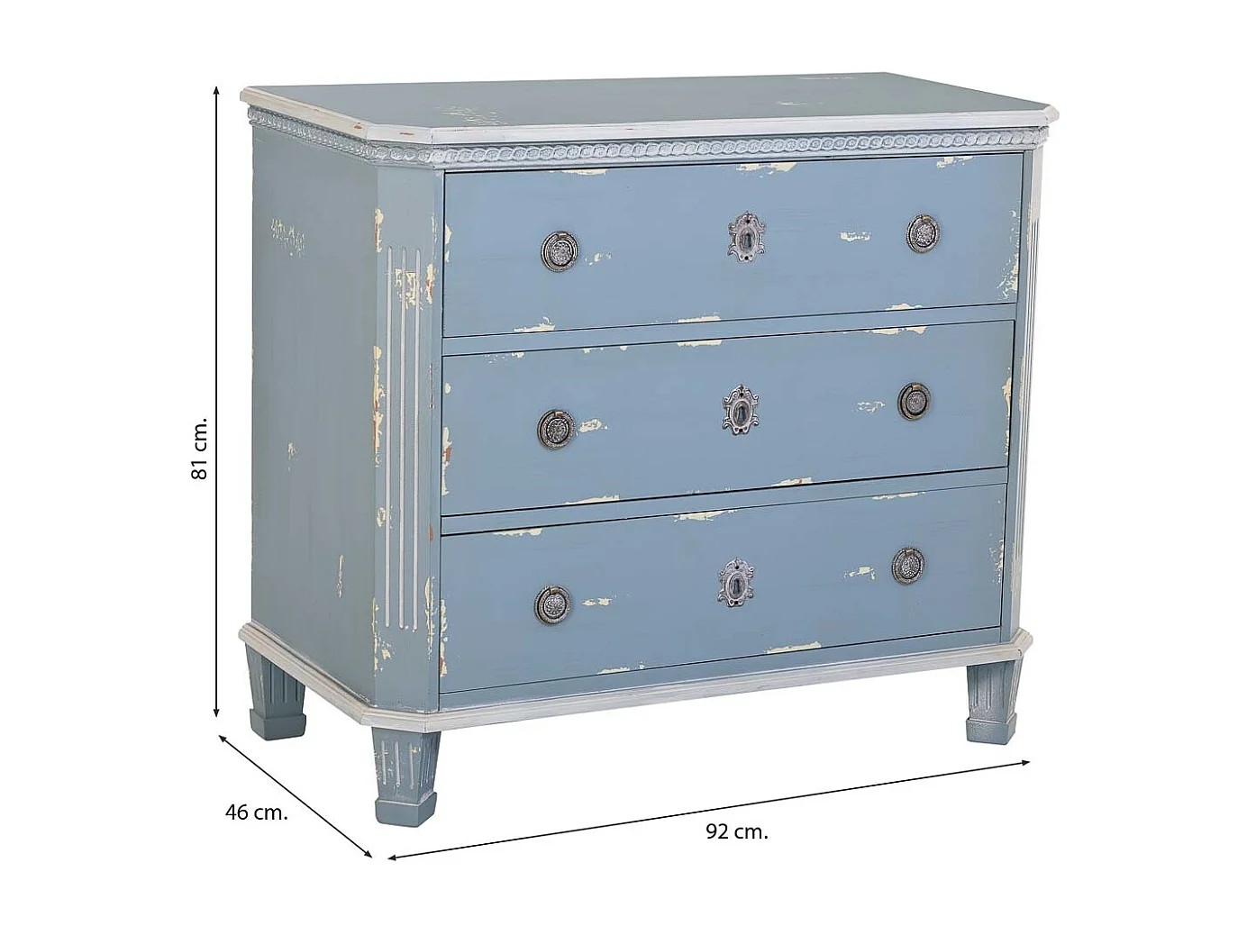 Cómoda em madeira azul com 3 gavetas 92x46x81h cm