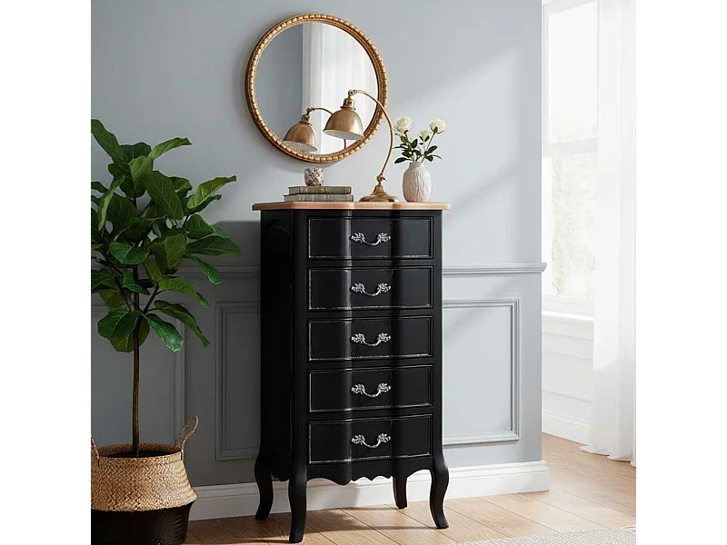 Cômoda de madeira lacada preta envelhecida de 5 gavetas 50x40x98h cm