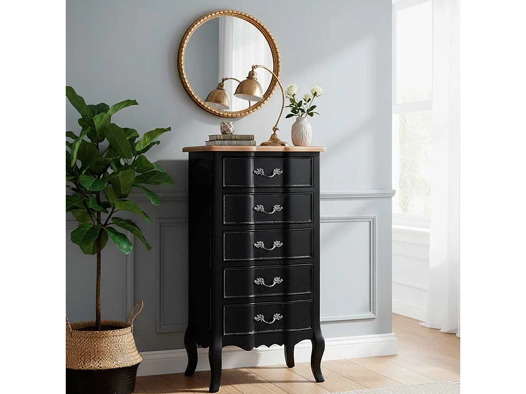 Commode en bois laqué noir vieilli avec 5 tiroirs 50x40x98h cm
