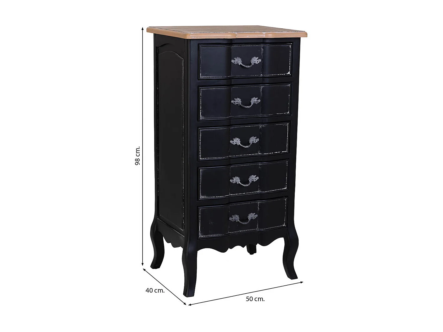 Commode en bois laqué noir vieilli avec 5 tiroirs 50x40x98h cm