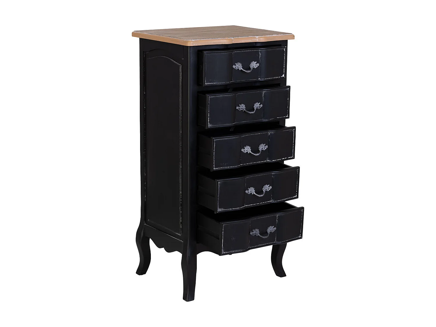 Commode en bois laqué noir vieilli avec 5 tiroirs 50x40x98h cm