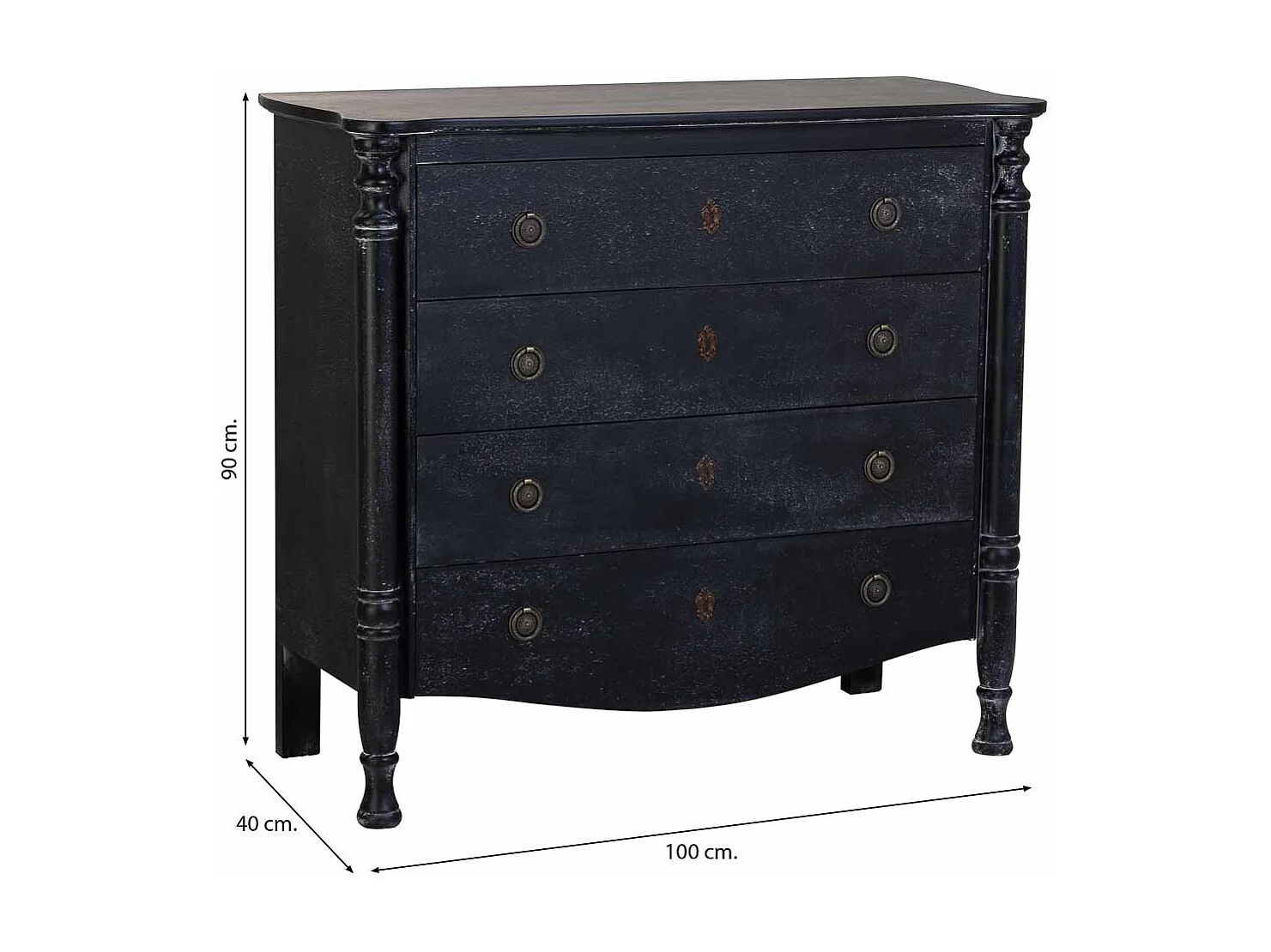 Commode en bois laqué noir vieilli avec 4 tiroirs 100x40x90h cm