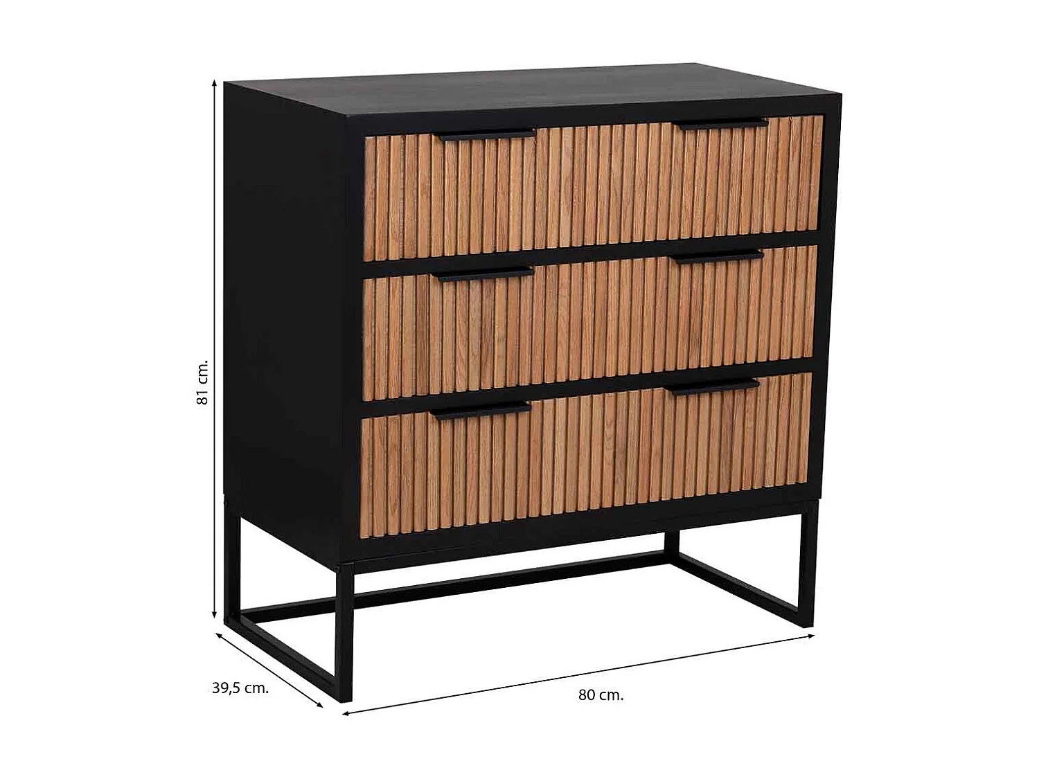 Cómoda 3 gavetas madeira e metal 80x39,5x81h cm