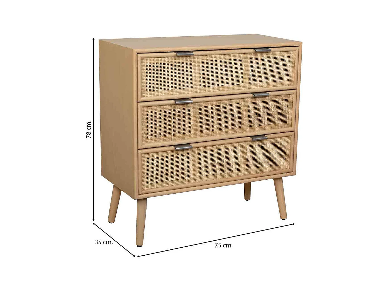 Braune Kommode mit 3 Schubladen aus Holz und Rattangitter 75x35x78h cm