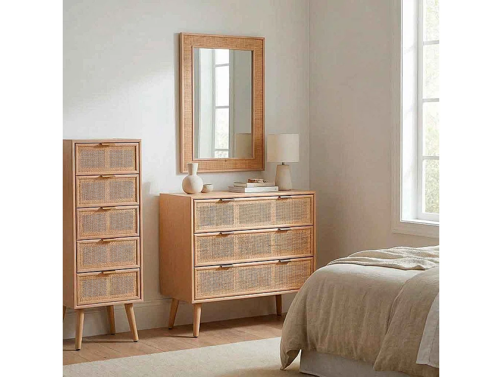 Braune Kommode mit 3 Schubladen aus Holz und Rattangitter 75x35x78h cm