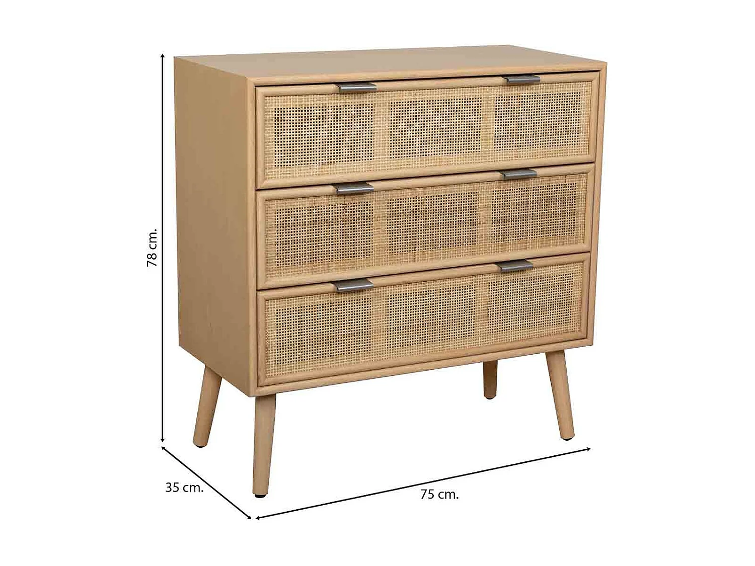 Braune Kommode mit 3 Schubladen aus Holz und Rattangitter 75x35x78h cm