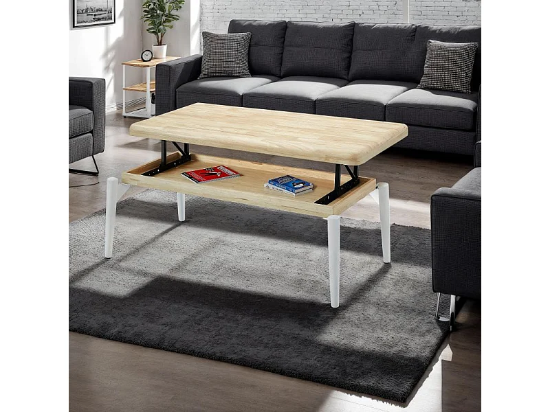 Mesa de centro elevable Padma Blanco - Roble