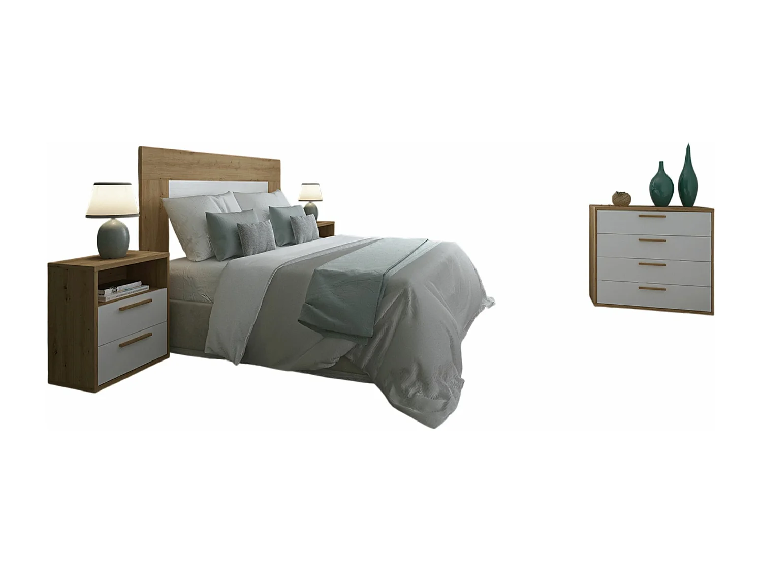 Ensemble chambre adulte ( tête de lit + chevet +  commode ) coloris chêne Albar /blanc