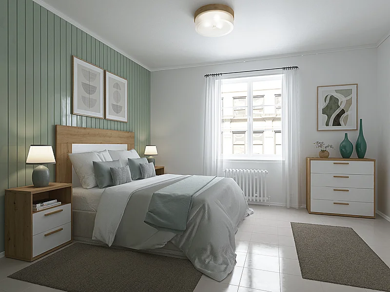 Ensemble chambre adulte ( tête de lit + chevet +  commode ) coloris chêne Albar /blanc