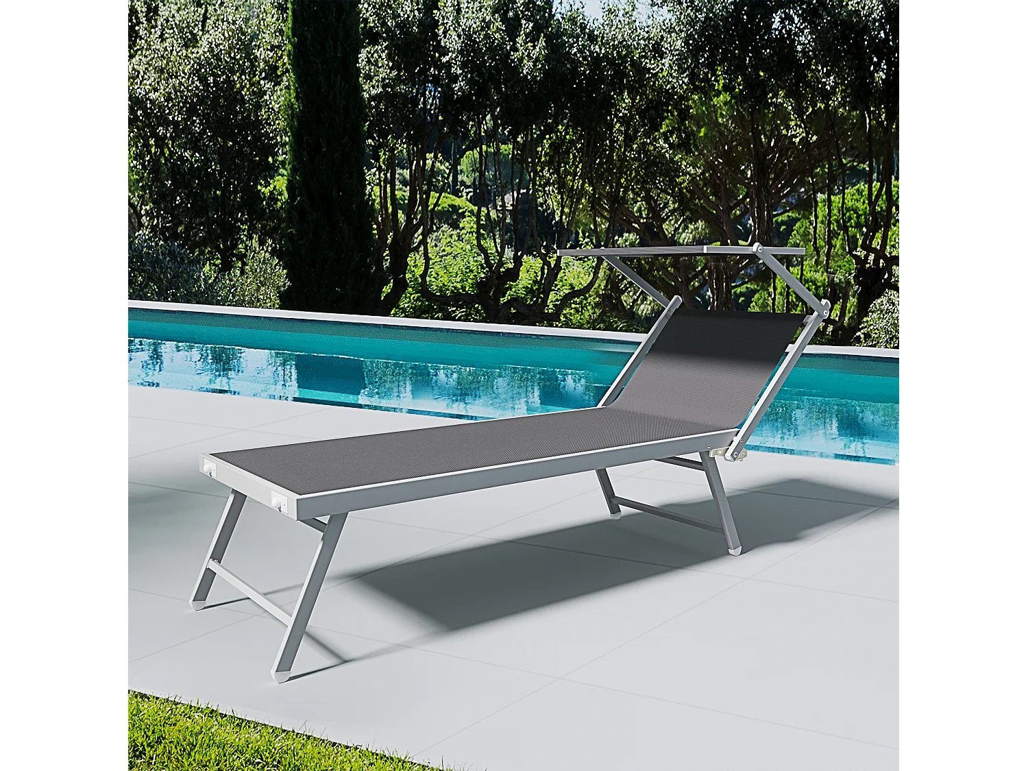 Lettino Prendisole Pieghevole Professionale in Alluminio e Tessuto Textilene Tettuccio Orientabile Parasole Sdraio Mare Spiaggia 182 x 60 x 38 cm Grigio Scuro