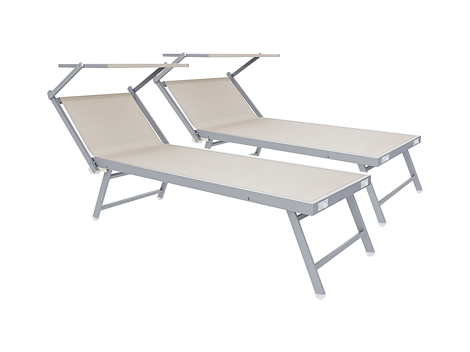 Coppia Di Lettini Prendisole Pieghevole Professionale in Alluminio e Tessuto Textilene Tettuccio Parasole Sdraio Mare Spiaggia 182x60x38 cm Beige