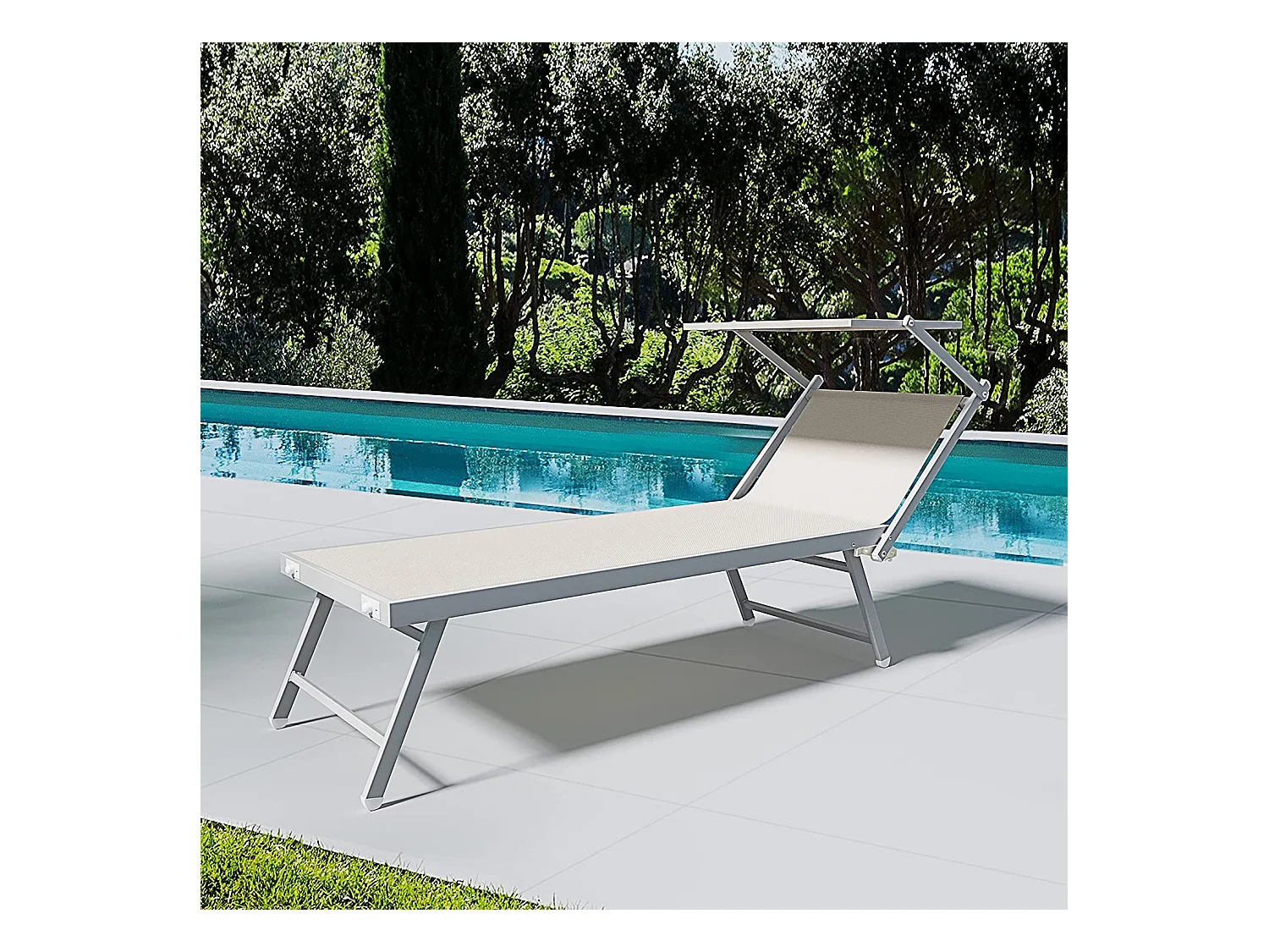 Coppia Di Lettini Prendisole Pieghevole Professionale in Alluminio e Tessuto Textilene Tettuccio Parasole Sdraio Mare Spiaggia 182x60x38 cm Beige