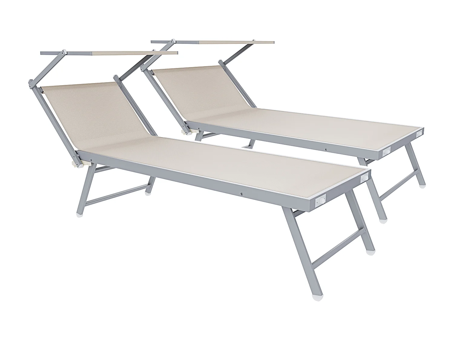Coppia Di Lettini Prendisole Pieghevole Professionale in Alluminio e Tessuto Textilene Tettuccio Parasole Sdraio Mare Spiaggia 182x60x38 cm Beige