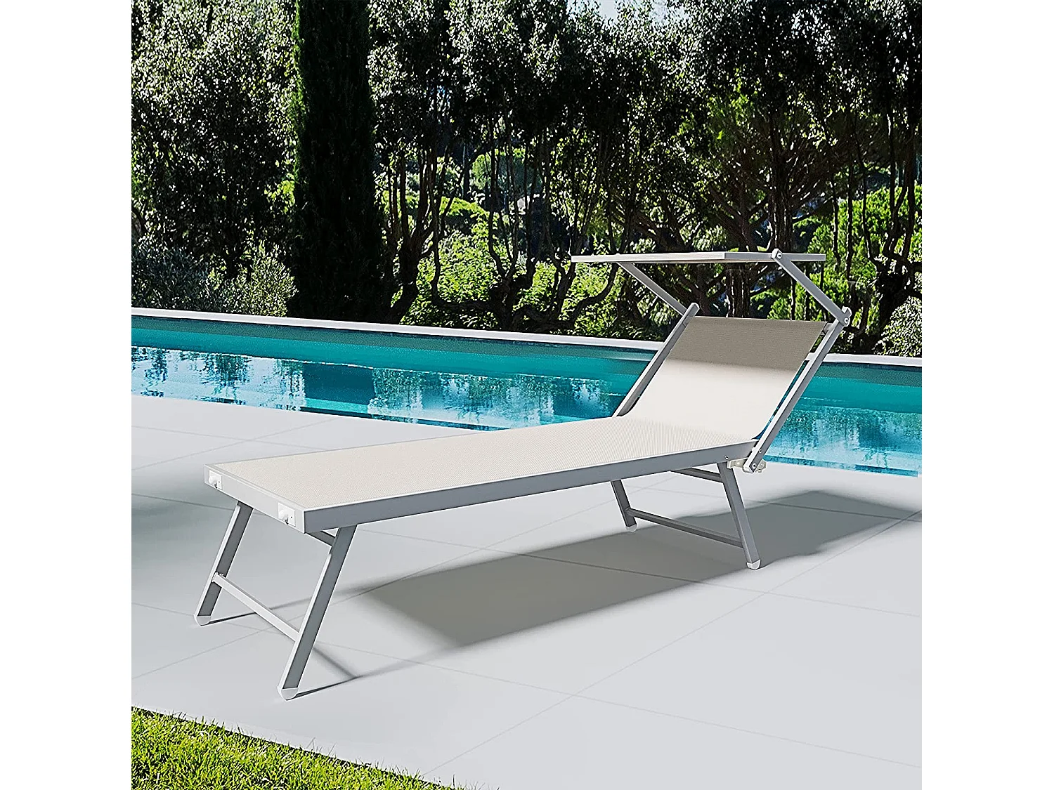 Coppia Di Lettini Prendisole Pieghevole Professionale in Alluminio e Tessuto Textilene Tettuccio Parasole Sdraio Mare Spiaggia 182x60x38 cm Beige