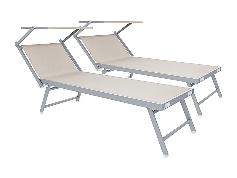 Coppia Di Lettini Prendisole Pieghevole Professionale in Alluminio e Tessuto Textilene Tettuccio Parasole Sdraio Mare Spiaggia 182x60x38 cm Beige