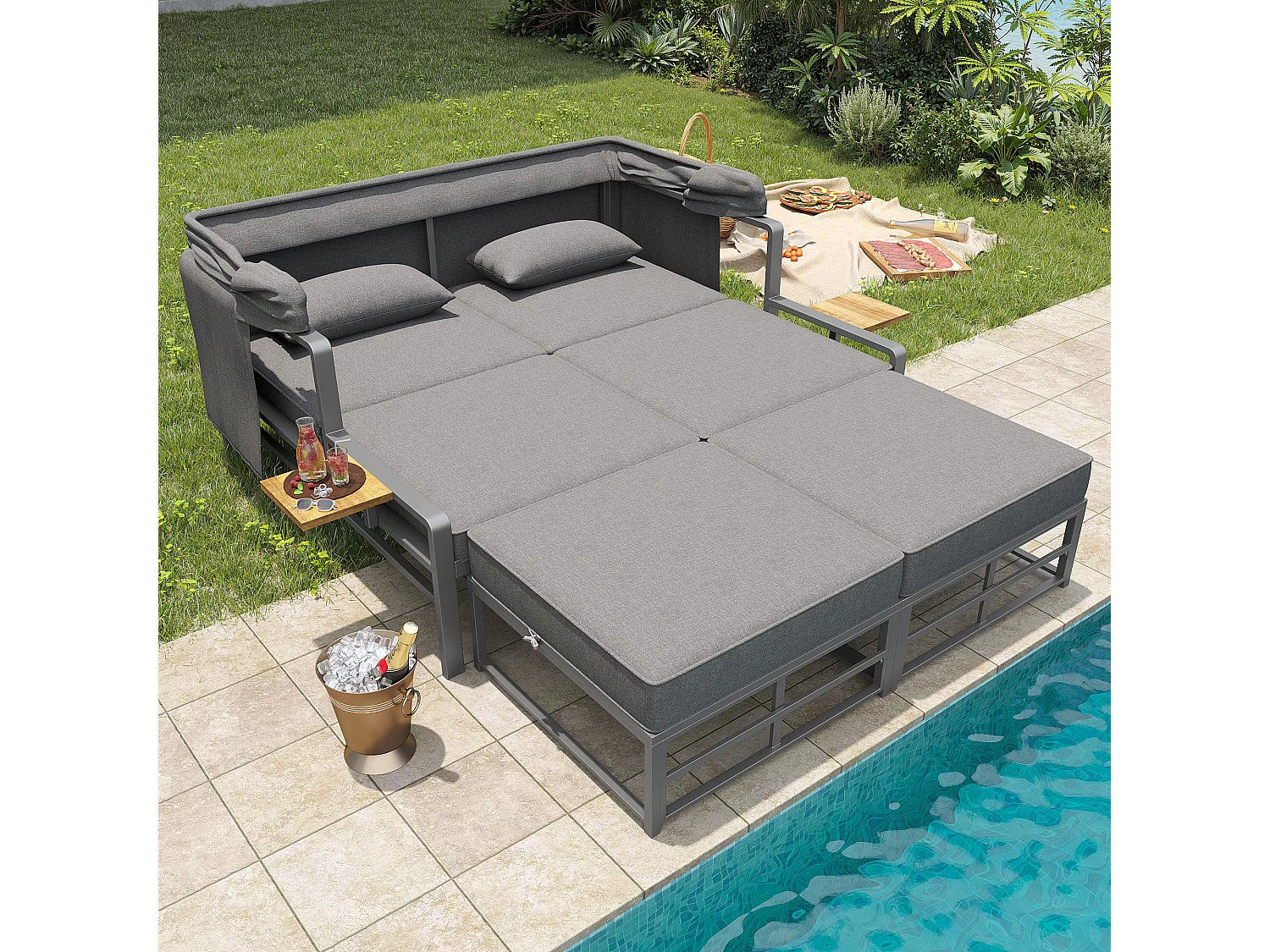 Salon de jardin - Bain de soleil - canapé de jardin - en acier galvanisé - 2 places - avec Pare soleil réglable - Gris