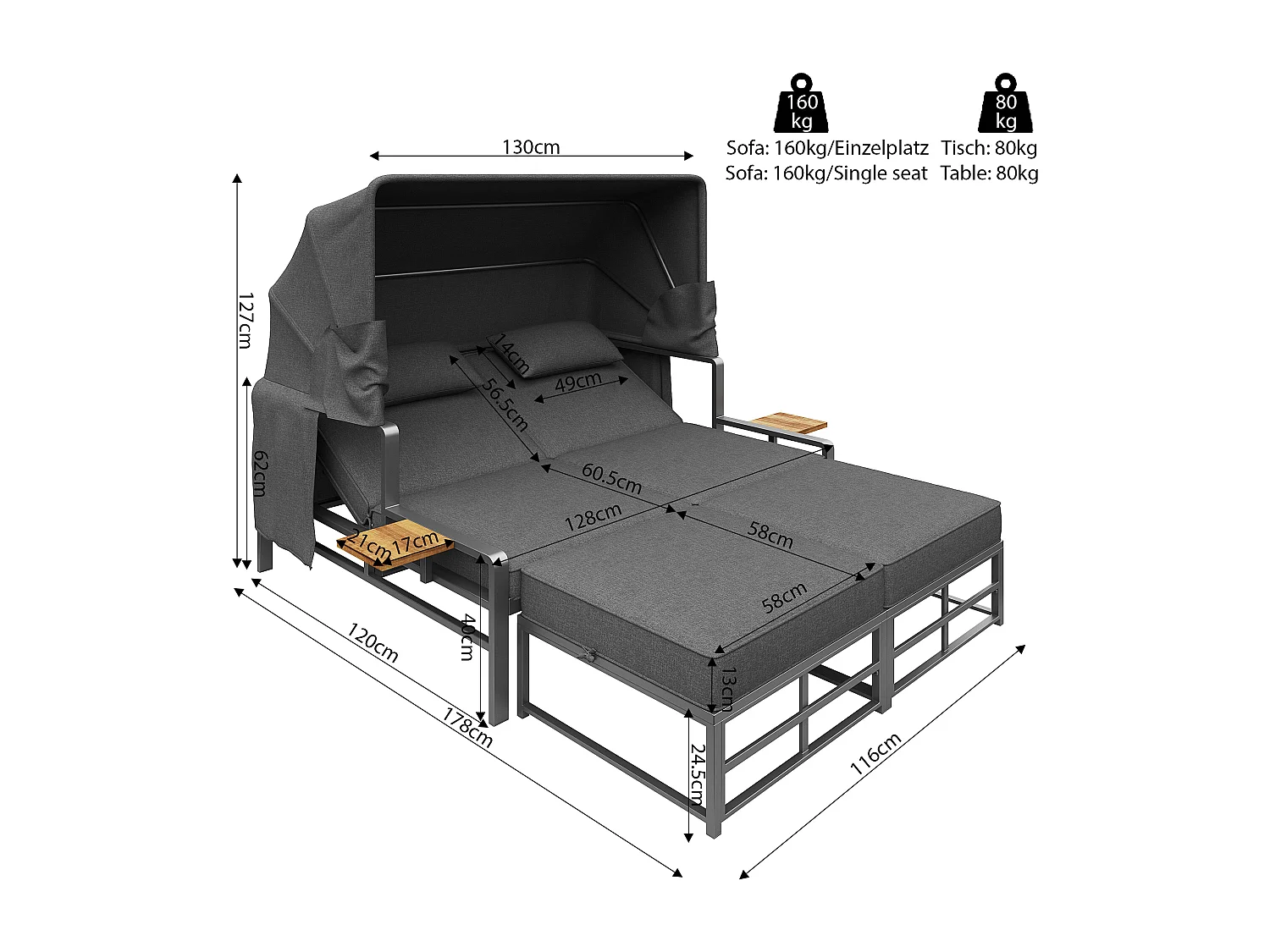 Salon de jardin - Bain de soleil - canapé de jardin - en acier galvanisé - 2 places - avec Pare soleil réglable - Gris