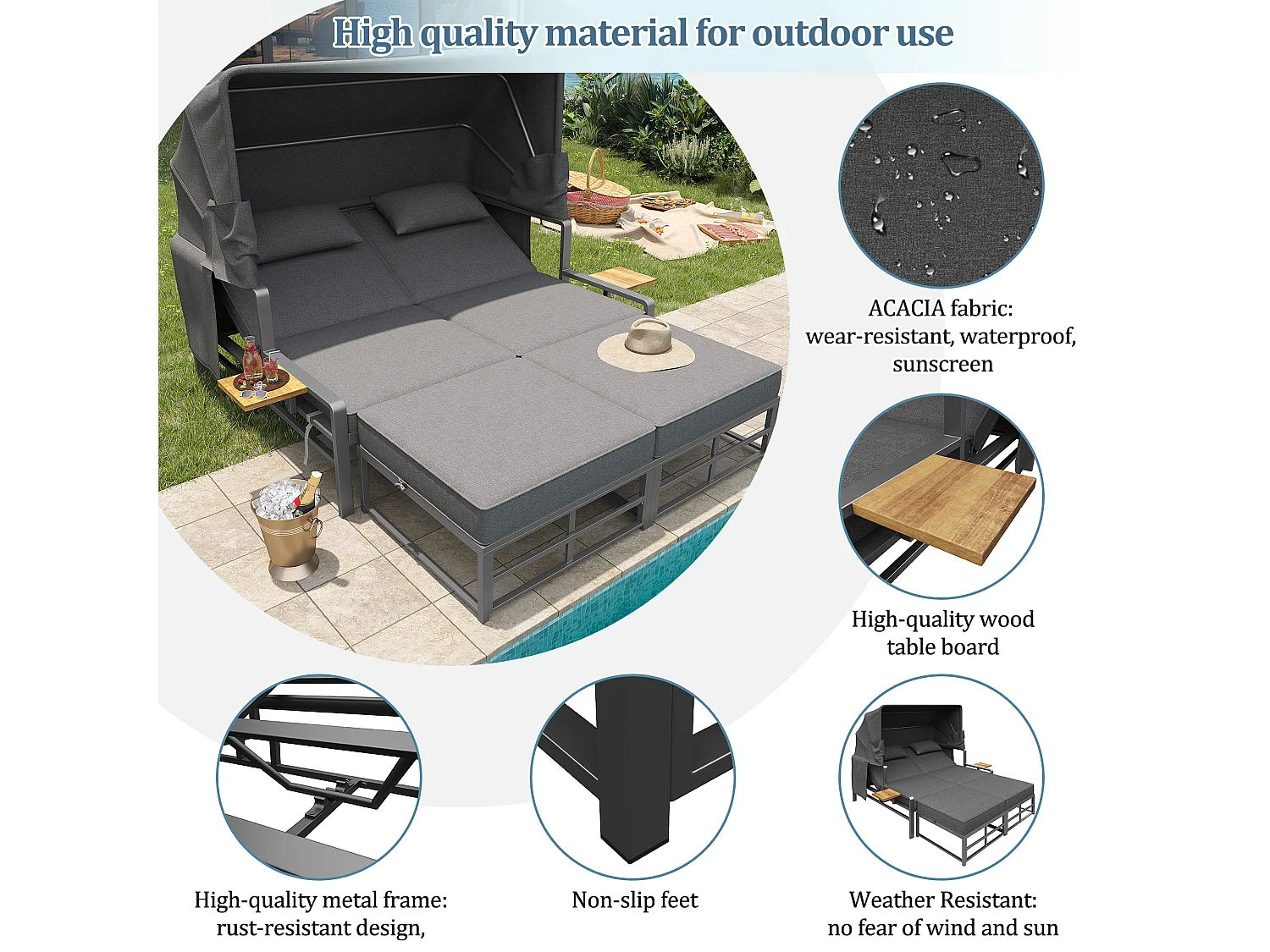 Salon de jardin - Bain de soleil - canapé de jardin - en acier galvanisé - 2 places - avec Pare soleil réglable - Gris