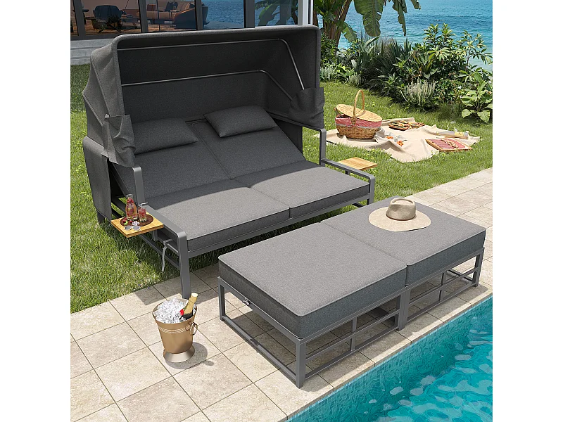 Salon de jardin - Bain de soleil - canapé de jardin - en acier galvanisé - 2 places - avec Pare soleil réglable - Gris