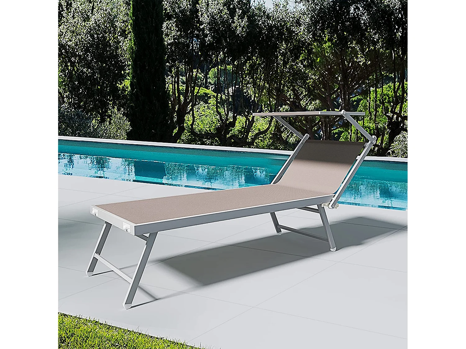 Coppia Di Lettini Prendisole Pieghevole Professionale in Alluminio e Tessuto Textilene Tettuccio Parasole Sdraio Mare Spiaggia 182x60x38 cm Tortora