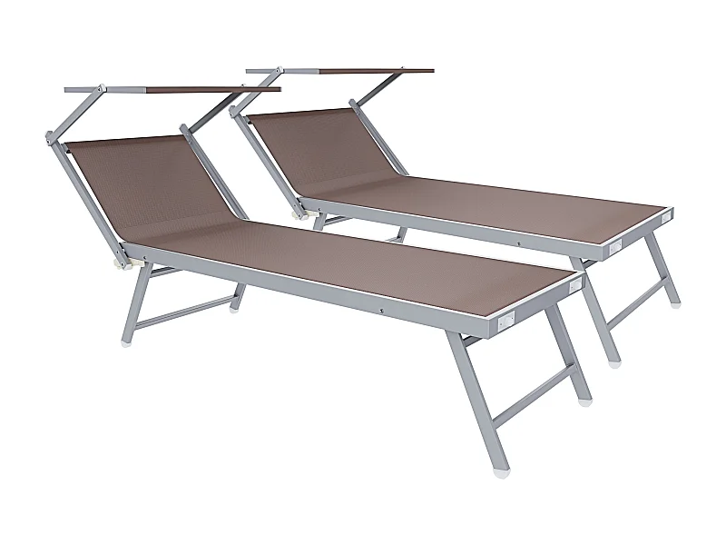 Coppia Di Lettini Prendisole Pieghevole Professionale in Alluminio e Tessuto Textilene Tettuccio Parasole Sdraio Mare Spiaggia 182x60x38 cm Tortora