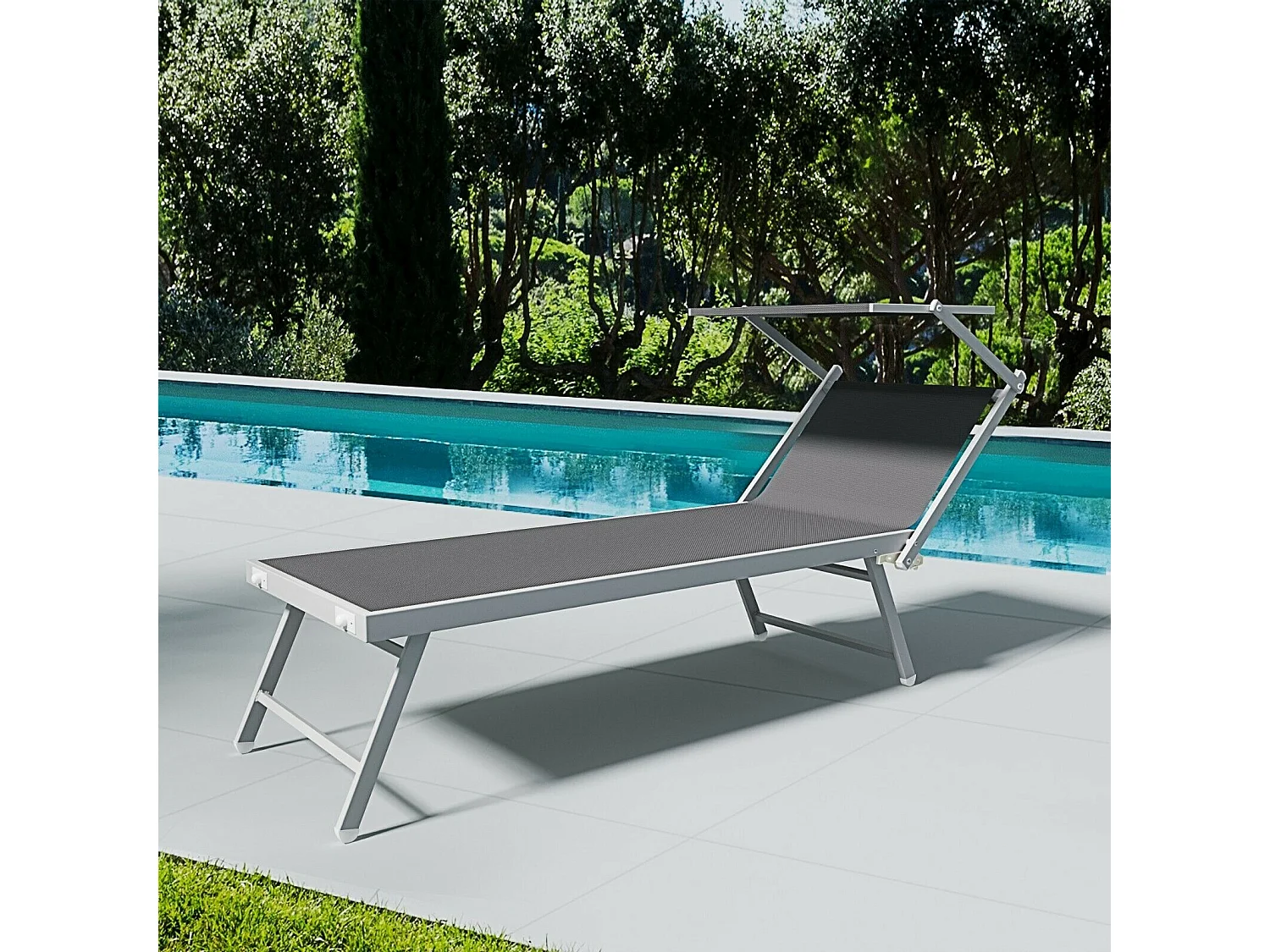 Coppia Di Lettini Grigio Scuro Prendisole Pieghevole Professionale In Alluminio Tettuccio Orientabile Parasole Mare Spiaggia Piscina Giardino 182 x 60 x 38 cm