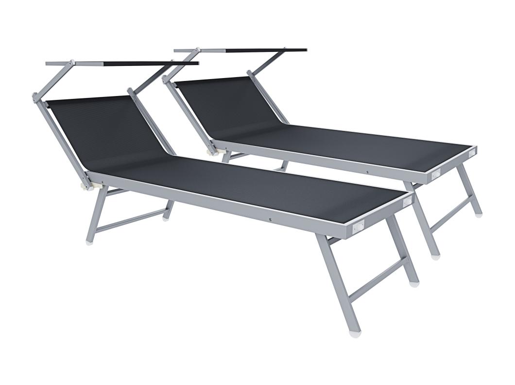 Coppia Di Lettini Prendisole Pieghevole Professionale in Alluminio Tessuto Textilene Tettuccio Parasole Sdraio Mare Spiaggia 182x60x38 cm Grigio Scuro