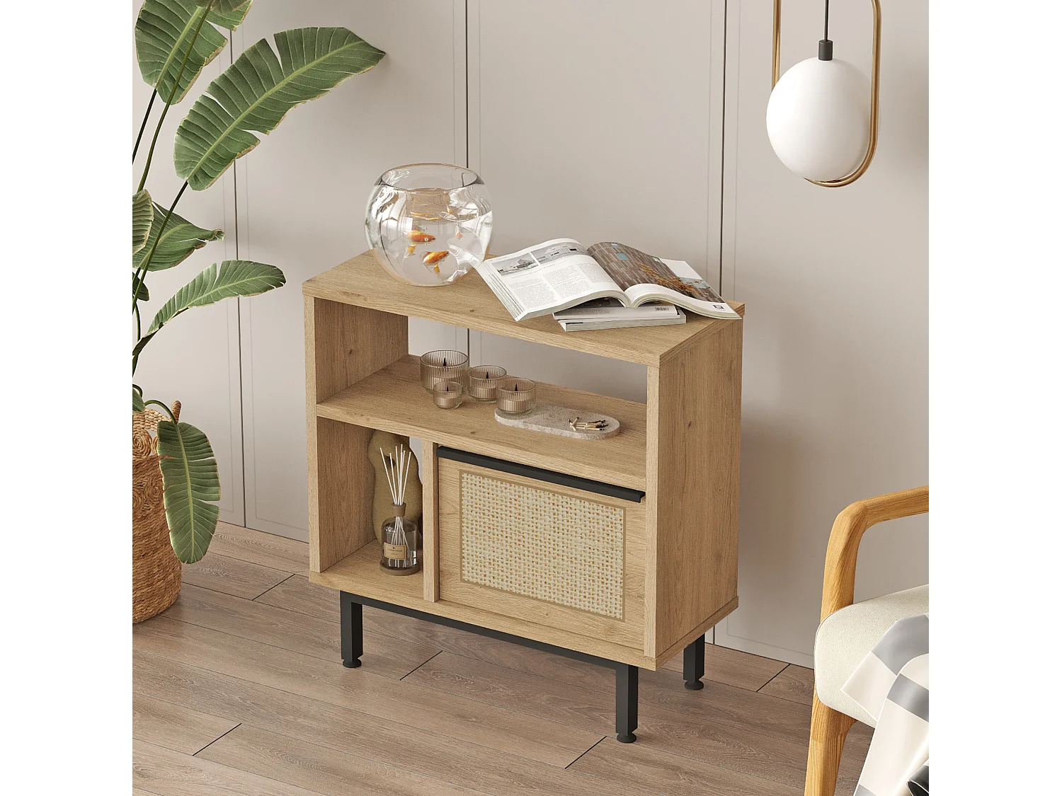 Table d'appoint Kvænangen 60 x 60 x 26 cm effet chêne aspect rotin noir [en.casa]