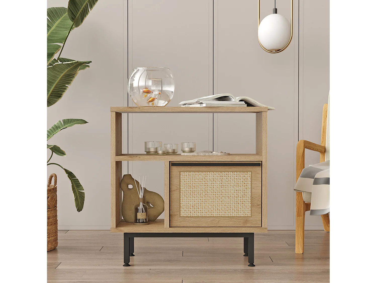 Table d'appoint Kvænangen 60 x 60 x 26 cm effet chêne aspect rotin noir [en.casa]