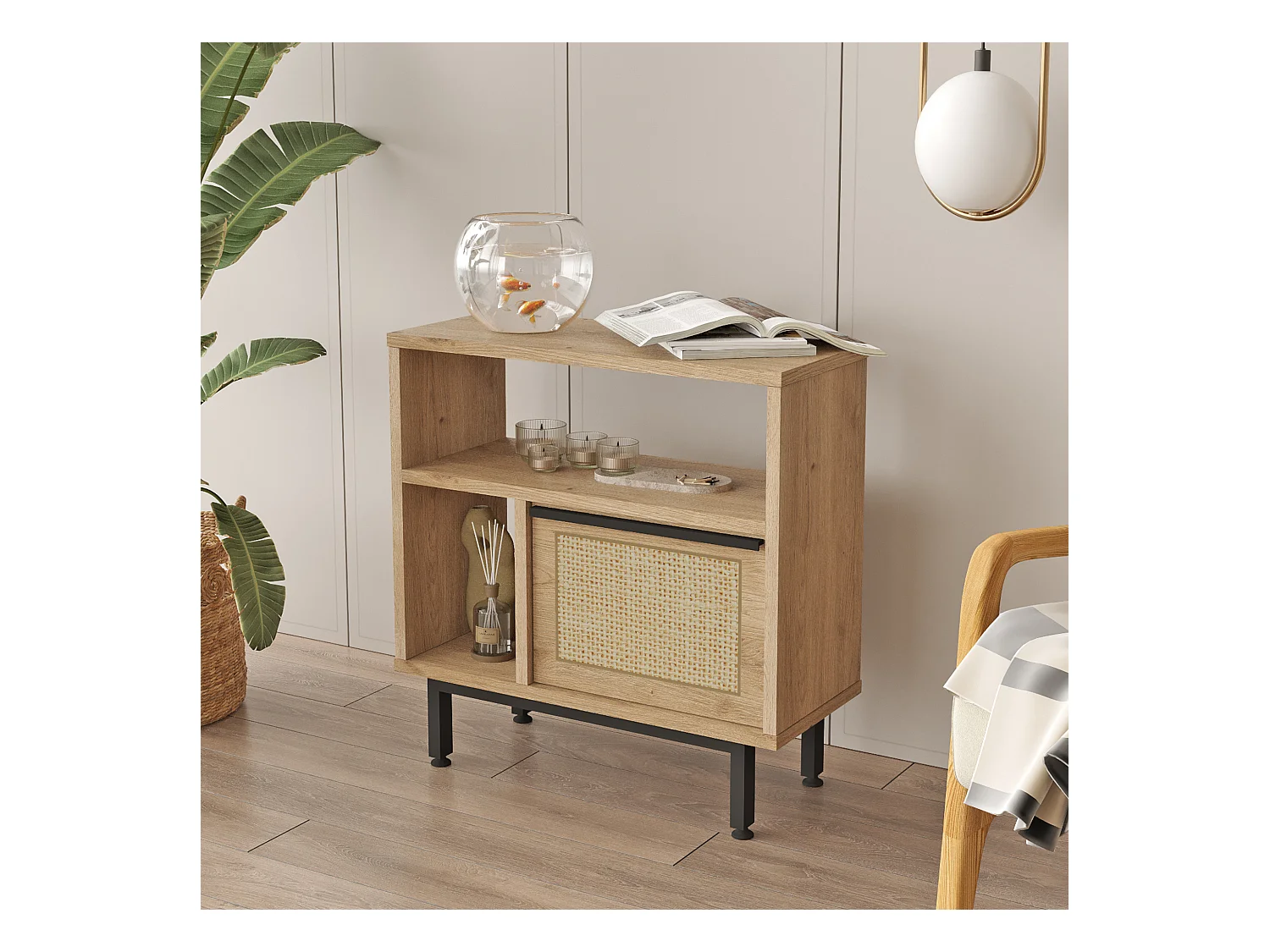 Table d'appoint Kvænangen 60 x 60 x 26 cm effet chêne aspect rotin noir [en.casa]
