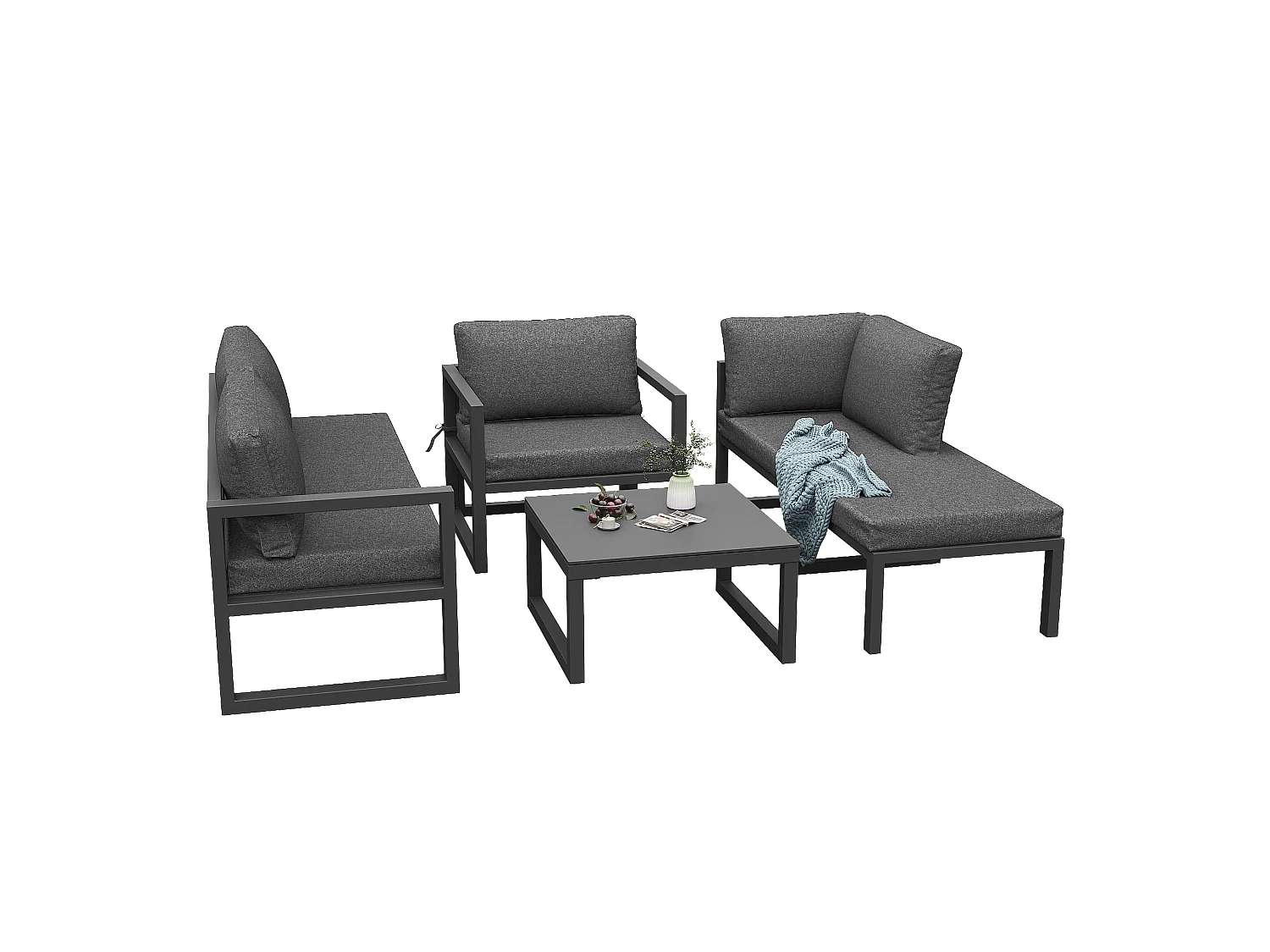 Salone da giardino in corda, per 4 persone, divano ad angolo - in ferro zincato, piedi regolabili, in vetro temperato con motivo marmoreo, grigio