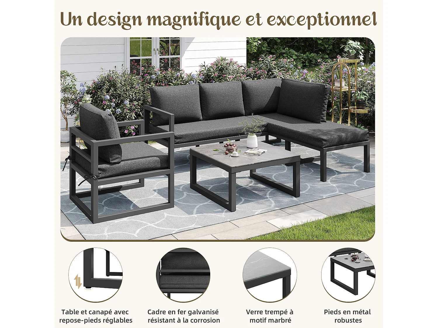 Salone da giardino in corda, per 4 persone, divano ad angolo - in ferro zincato, piedi regolabili, in vetro temperato con motivo marmoreo, grigio