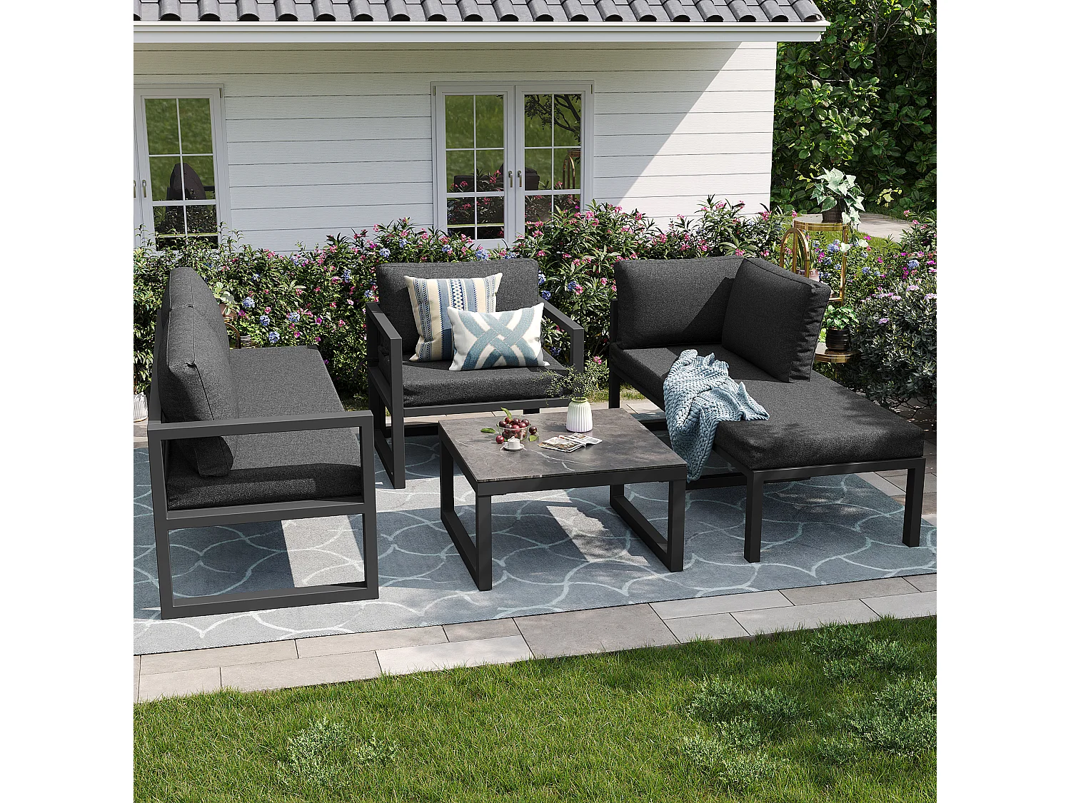 Garten-Salon aus Seil, für 4 Personen, Ecksofa - aus galvanisiertem Eisen, einstellbare Füße, aus gehärtetem Glas mit Marmor-Muster, grau