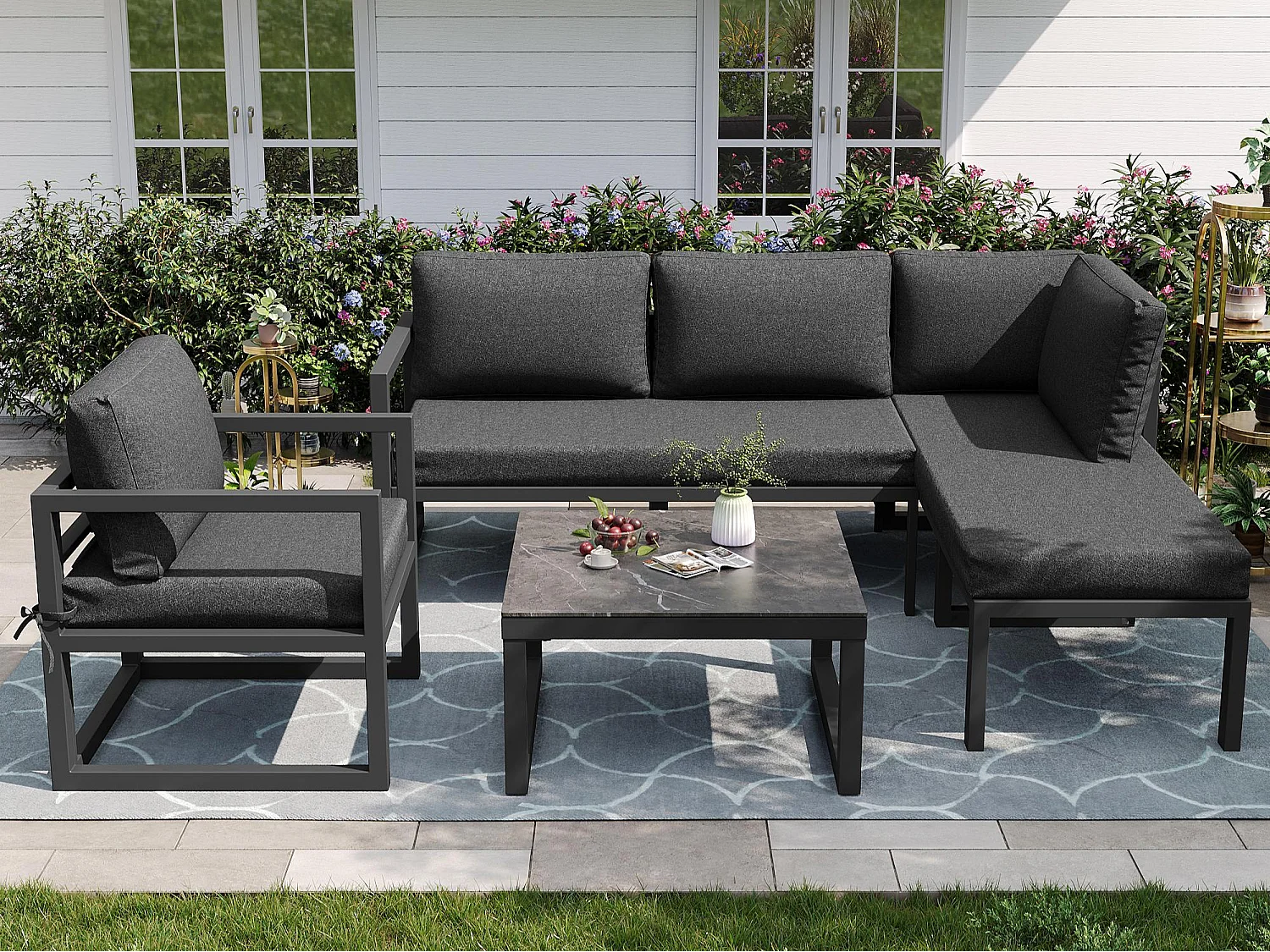 Garten-Salon aus Seil, für 4 Personen, Ecksofa - aus galvanisiertem Eisen, einstellbare Füße, aus gehärtetem Glas mit Marmor-Muster, grau