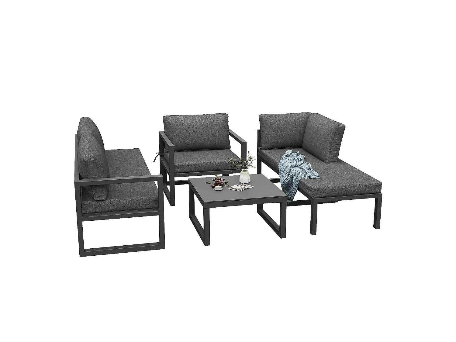 Salão de jardim em corda, para 4 pessoas, canapé de canto - em ferro galvanizado, pés ajustáveis, em vidro temperado com padrão marmoreado, cinza