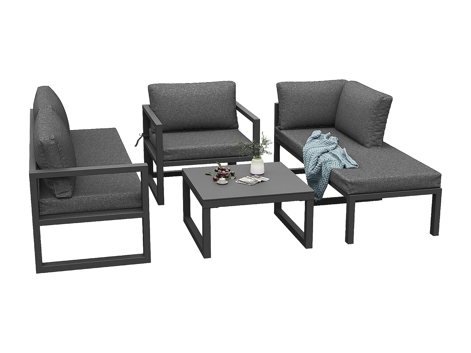 Garten-Salon aus Seil, für 4 Personen, Ecksofa - aus galvanisiertem Eisen, einstellbare Füße, aus gehärtetem Glas mit Marmor-Muster, grau