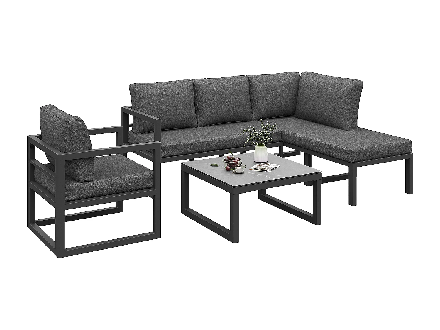 Garten-Salon aus Seil, für 4 Personen, Ecksofa - aus galvanisiertem Eisen, einstellbare Füße, aus gehärtetem Glas mit Marmor-Muster, grau