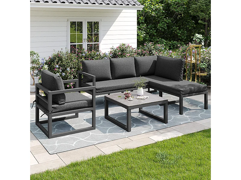 Garten-Salon aus Seil, für 4 Personen, Ecksofa - aus galvanisiertem Eisen, einstellbare Füße, aus gehärtetem Glas mit Marmor-Muster, grau