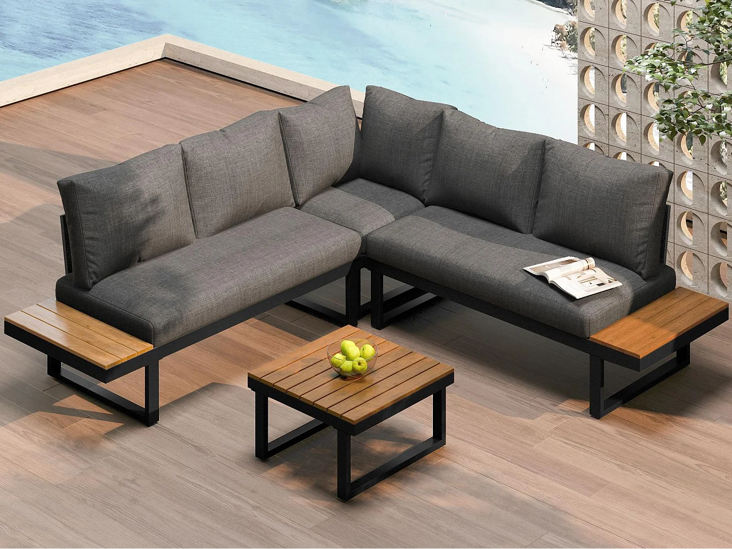 Salón de jardín - 4 plazas - en acero galvanizado - sofá de esquina - 1 mesa de madera envejecida - Gris