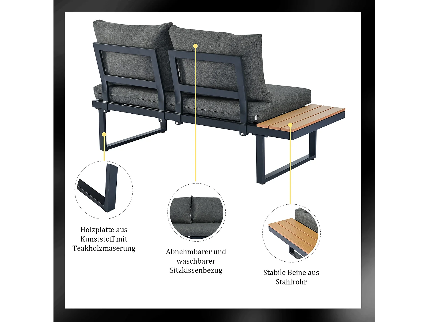 Salón de jardín - 4 plazas - en acero galvanizado - sofá de esquina - 1 mesa de madera envejecida - Gris