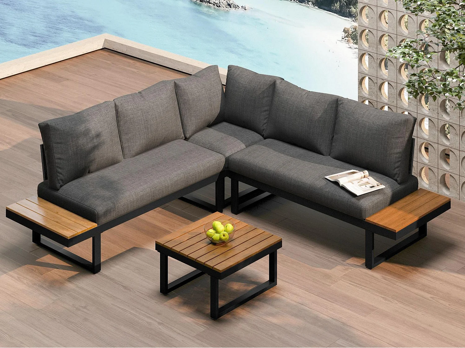 Salon de jardin - 4 places - en Acier galvanisé - canapé d'angle - 1 table en grain de bois - Gris