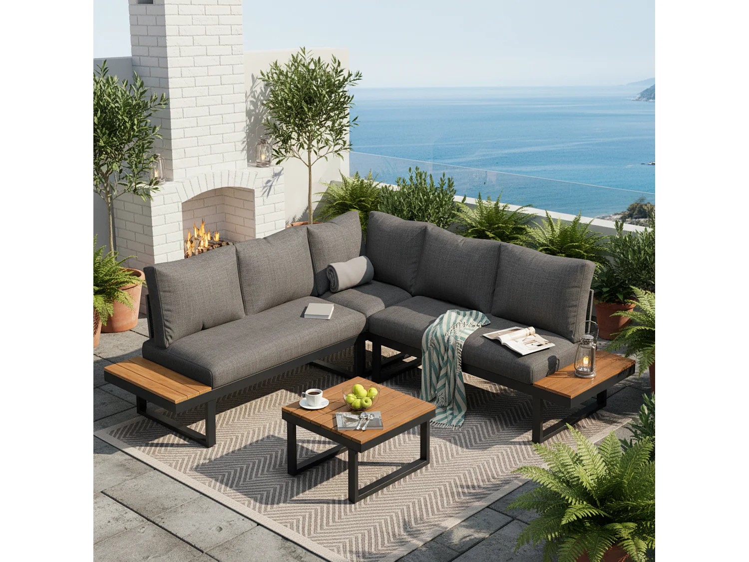 Salon de jardin - 4 places - en Acier galvanisé - canapé d'angle - 1 table en grain de bois - Gris