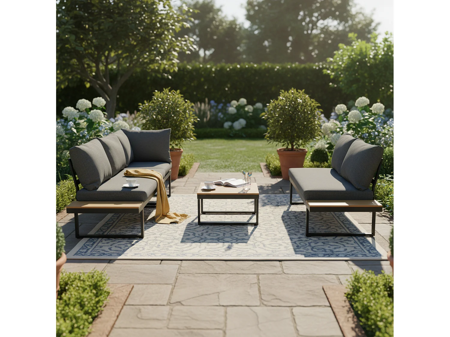 Salon de jardin - 4 places - en Acier galvanisé - canapé d'angle - 1 table en grain de bois - Gris